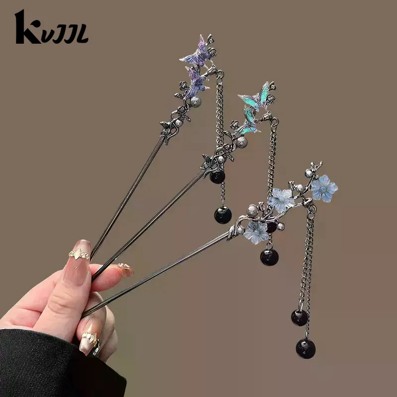 Épingle à cheveux à fleurs de style néo chinois, bâtons de cheveux à pampilles de fleurs colorées à l'encre pour femmes, bijoux en métal élégants, accessoire pour cheveux Épingle à cheveux à fleurs de style néo chinois, bâtons de cheveux à pampilles de fleurs colorées à l'encre pour femmes, bijoux en métal élégants, accessoire pour cheveux