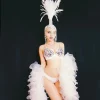 costume d'équipe de danse gogo pour discothèque, bar, horloge blanche, strass, bikini, couvre chef en plumes, dj danseuse, festival, tenues de scène rave