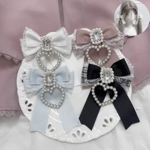 Pinces à cheveux gothiques japonaises Harajuku, 1 paire, Lolita, sous-culture Y2K, nœud en dentelle de perles, épingle à cheveux, Double bord queue de cheval Pinces à cheveux gothiques japonaises Harajuku, 1 paire, Lolita, sous-culture Y2K, nœud en dentelle de perles, épingle à cheveux, Double bord queue de cheval