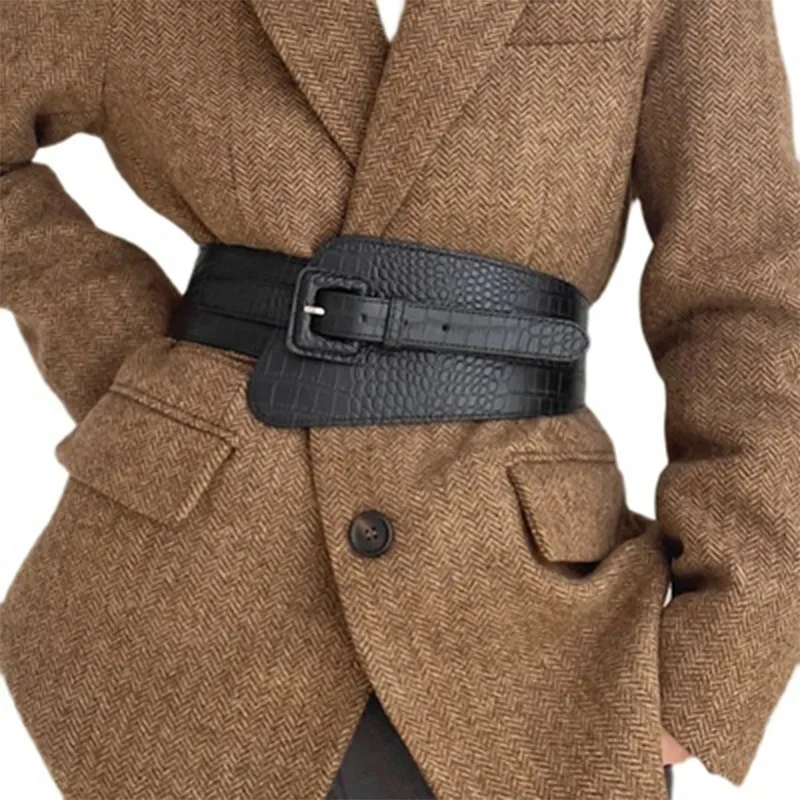 ceinture ultra large rétro polyvalente pour femmes, en cuir pu, style japonais, à la mode, avec boutons à aiguilles ceinture ultra large rétro polyvalente pour femmes, en cuir pu, style japonais, à la mode, avec boutons à aiguilles