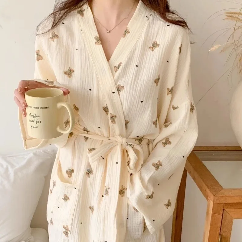 robe de nuit femme printemps et automne nouveau style japonais ins mignon peignoir ours à manches longues décontracté style princesse vêtements de maison robe de nuit femme printemps et automne nouveau style japonais ins mignon peignoir ours à manches longues décontracté style princesse vêtements de maison