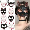 Masques sanglants demi-visage d&rsquo;halloween, masque de fête de crâne d&rsquo;anime, accessoire squelette féroce tigre fourchette de nuit Tengu homme loup Cosplay décor de fête