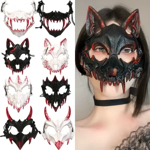 Masques sanglants demi-visage d&rsquo;halloween, masque de fête de crâne d&rsquo;anime, accessoire squelette féroce tigre fourchette de nuit Tengu homme loup Cosplay décor de fête