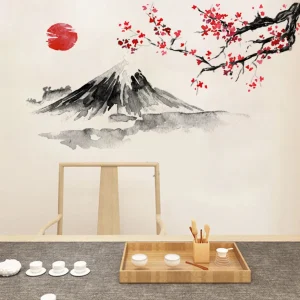 Peinture à l’encre japonaise mont Fuji soleil rouge fleur de cerisier autocollants muraux pour PVC imperméable salon décoration de la maison Peinture à l’encre japonaise mont Fuji soleil rouge fleur de cerisier autocollants muraux pour PVC imperméable salon décoration de la maison