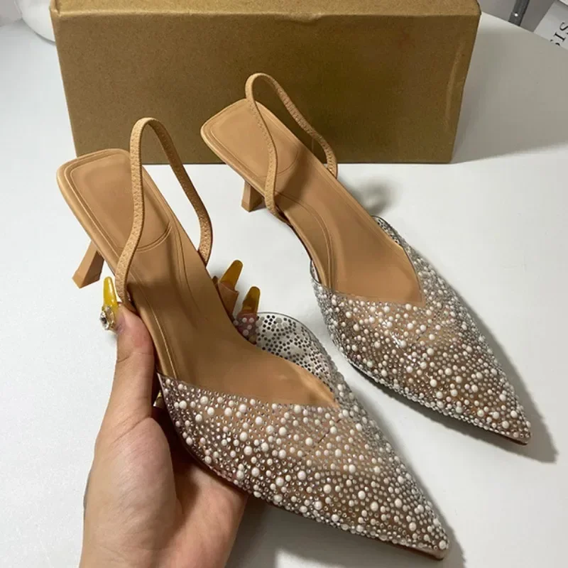 Sandales à Talons Hauts Transparents et Pointus pour Femme, Chaussures Élégantes à la Mode avec Décoration de Perles, Été 2025 Sandales à Talons Hauts Transparents et Pointus pour Femme, Chaussures Élégantes à la Mode avec Décoration de Perles, Été 2025