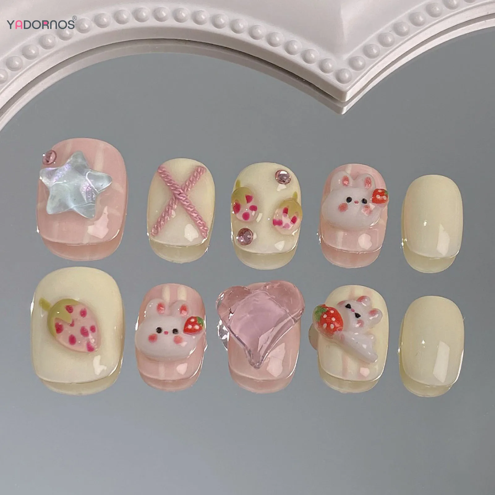 faux ongles faits à la main, fraise rose, lapin mignon, diamant conçu, courts et ronds, à pression, pour femmes et filles, manucure quotidienne à faire soi même faux ongles faits à la main, fraise rose, lapin mignon, diamant conçu, courts et ronds, à pression, pour femmes et filles, manucure quotidienne à faire soi même