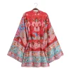 bo00 cardigan kimono imprimé paon à fleurs rouges pour femmes, manches longues chauve souris, ceinture à nœud, chemise, robe adt, cape de plage, vacances