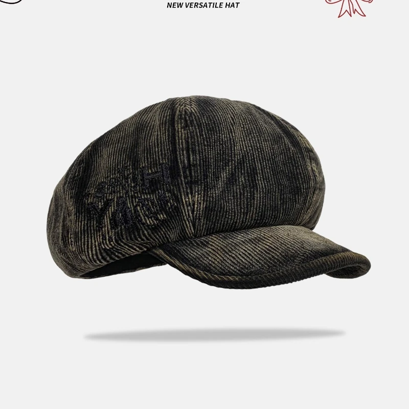 bérets octogonaux japonais en velours côtelé brodé pour femmes, mignon, décontracté, polyvalent, visage, petit chapeau de peintre rétro, printemps automne bérets octogonaux japonais en velours côtelé brodé pour femmes, mignon, décontracté, polyvalent, visage, petit chapeau de peintre rétro, printemps automne