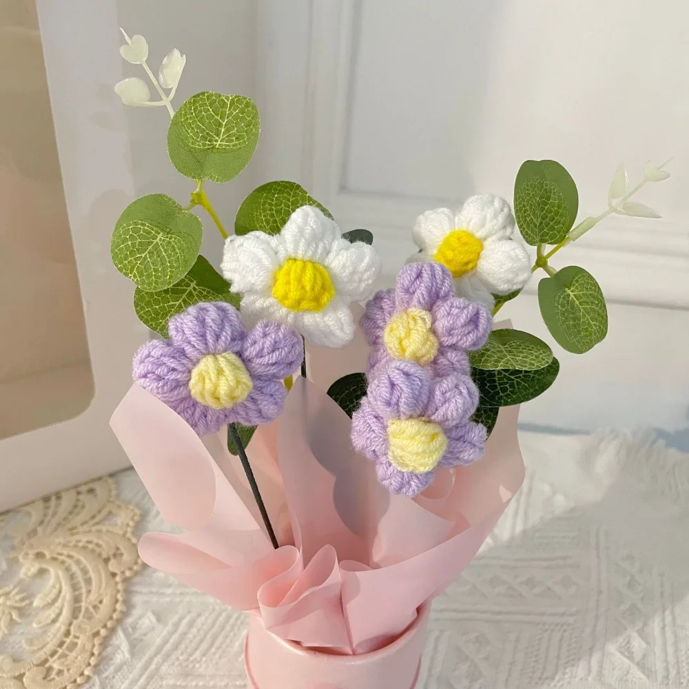 Bouquet de fleurs artificielles colorées faites à la main au Crochet, avec seau tissé, simulation de fleurs pour la journée des enseignants Bouquet de fleurs artificielles colorées faites à la main au Crochet, avec seau tissé, simulation de fleurs pour la journée des enseignants
