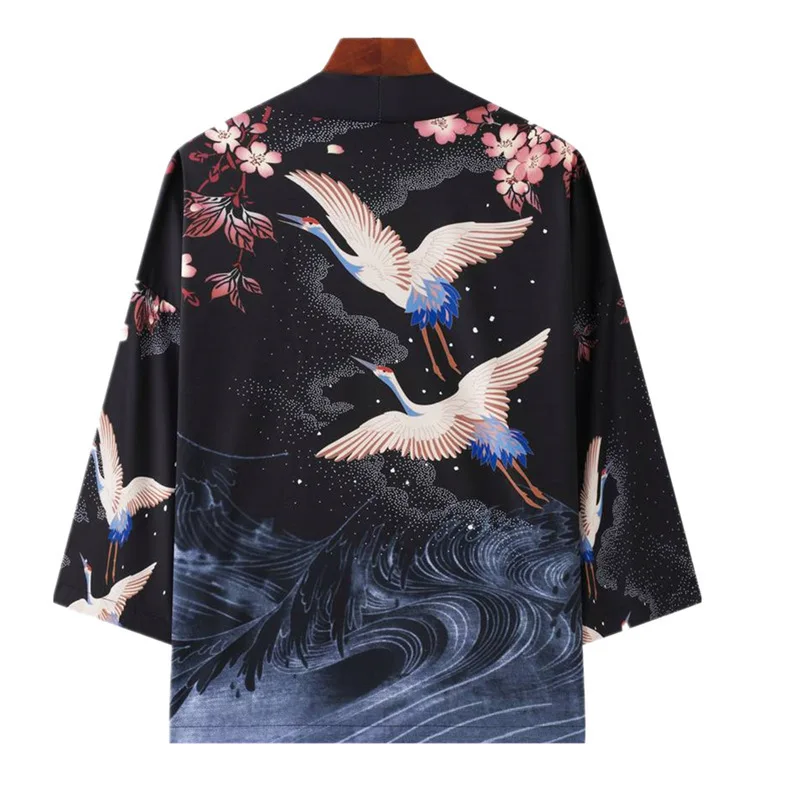 cardigan kimono japonais yukata samouraï pour hommes et femmes, chemise imprimée grue, plage haori harajuku obi, style chinois, streetwear asiatique 5xl cardigan kimono japonais yukata samouraï pour hommes et femmes, chemise imprimée grue, plage haori harajuku obi, style chinois, streetwear asiatique 5xl