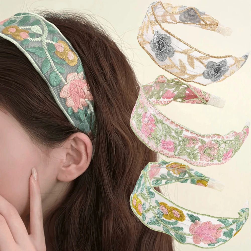 Bandeau élégant en mousseline de soie brodée de fleurs pour femmes, décoration de cheveux doux, bandeau de sauna, cerceau, turban, accessoires de cheveux à la mode Bandeau élégant en mousseline de soie brodée de fleurs pour femmes, décoration de cheveux doux, bandeau de sauna, cerceau, turban, accessoires de cheveux à la mode