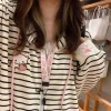 sweat à capuche japonais harajuku cat ear pour femme, sweat à capuche zippé, vestes de dessin animé à rayures esthétiques, vêtements de broderie y, mignon
