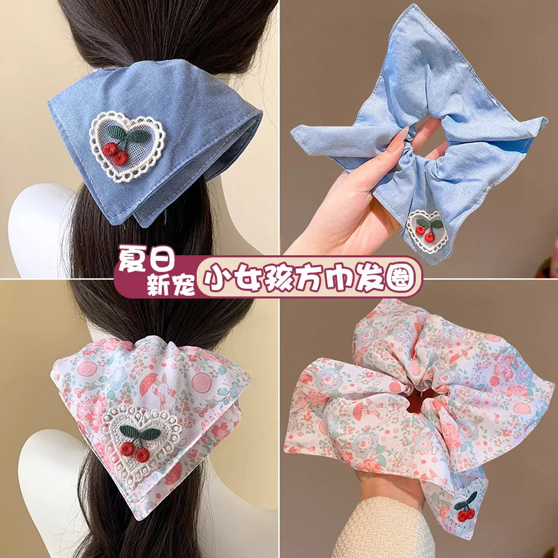 Écharpe carrée brodée, anneau de cheveux pour gros intestin, corde de tête basse en queue de cheval, ornement de cheveux étrangers pour petite fille Écharpe carrée brodée, anneau de cheveux pour gros intestin, corde de tête basse en queue de cheval, ornement de cheveux étrangers pour petite fille