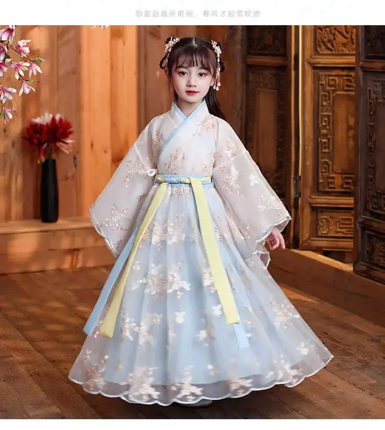 robe chinoise en soie pour filles et enfants, kimono traditionnel chinois vintage ethnique antique, costume de danse, ensemble hanfu cosplay robe chinoise en soie pour filles et enfants, kimono traditionnel chinois vintage ethnique antique, costume de danse, ensemble hanfu cosplay