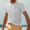 t shirt rayé à manches courtes et col rond pour homme, vêtement décontracté, confortable, respirant, brodé, à la mode, Été, 2024