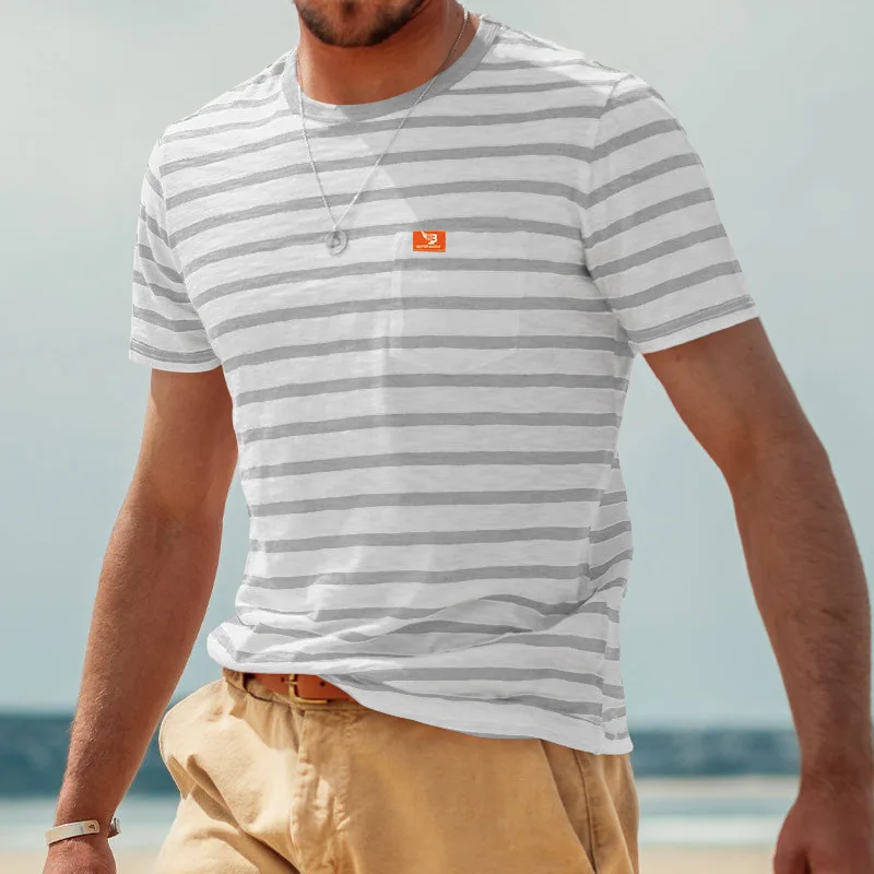 t shirt rayé à manches courtes et col rond pour homme, vêtement décontracté, confortable, respirant, brodé, à la mode, Été, 2024 t shirt rayé à manches courtes et col rond pour homme, vêtement décontracté, confortable, respirant, brodé, à la mode, Été, 2024
