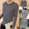 pull rayé à manches longues pour hommes, chemise de base décontractée harajuku, maillot de corps en y, noir carillon, blanc