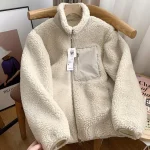 Veste polaire japonaise à col montant pour hommes et femmes, manteau ample et chaud en laine d’agneau avec fermeture éclair pour Couple, couleur unie, automne et hiver Veste polaire japonaise à col montant pour hommes et femmes, manteau ample et chaud en laine d’agneau avec fermeture éclair pour Couple, couleur unie, automne et hiver