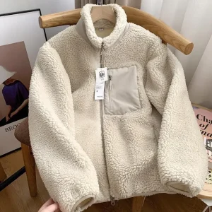 Veste polaire japonaise à col montant pour hommes et femmes, manteau ample et chaud en laine d&rsquo;agneau avec fermeture éclair pour Couple, couleur unie, automne et hiver