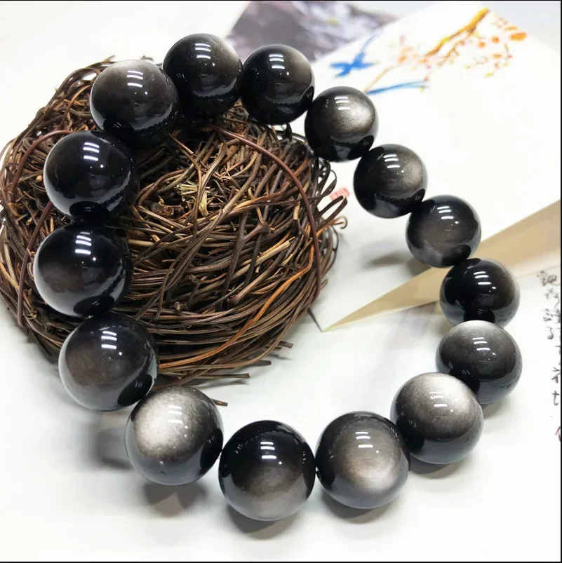 bracelet obsidienne en argent naturel pour hommes et femmes, perles rondes, yeux de chat, transfert de richesse, bracelet en cristal, grand cadeau bracelet obsidienne en argent naturel pour hommes et femmes, perles rondes, yeux de chat, transfert de richesse, bracelet en cristal, grand cadeau