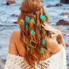 bandeau long en plumes bleues et brunes pour femmes, style bohème, festival ethnique, fête hippie, cuir, perles en bois, accessoires bijoux pour cheveux
