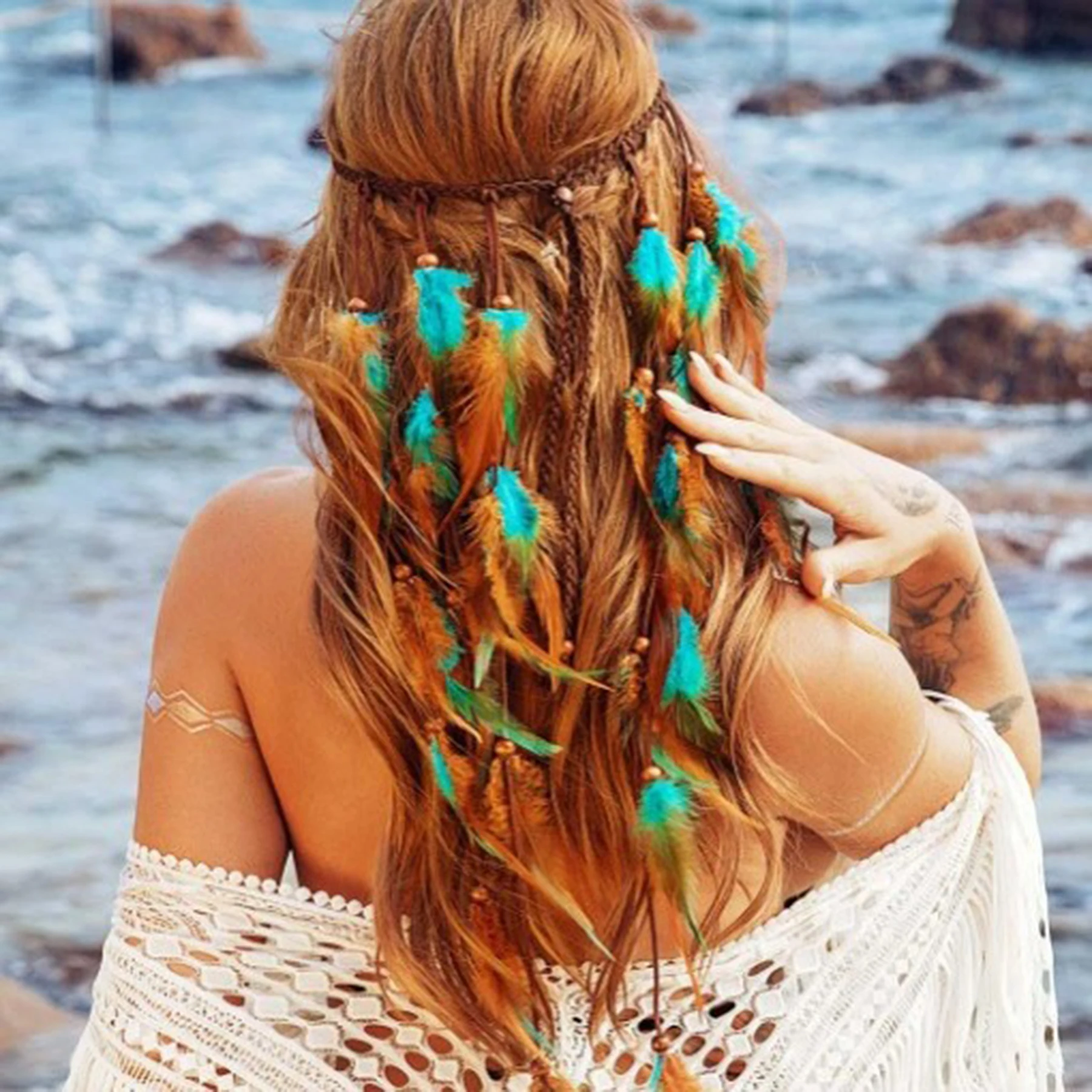 bandeau long en plumes bleues et brunes pour femmes, style bohème, festival ethnique, fête hippie, cuir, perles en bois, accessoires bijoux pour cheveux bandeau long en plumes bleues et brunes pour femmes, style bohème, festival ethnique, fête hippie, cuir, perles en bois, accessoires bijoux pour cheveux