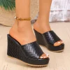 plate forme épaisse sandales à talons compensés femmes sexy peep orteil noir pu cuir tissage diapositives femme super haut talon anti dérapant sandalias mujer