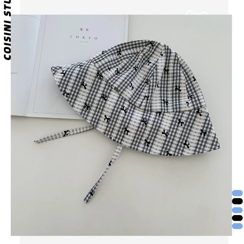 chapeau seau à bord rabattable pour femmes, imprimé avec nœud à carreaux doux japonais, été, mince, mignon, polyvalent, dôme pare soleil, casquette de soleil à lacets chapeau seau à bord rabattable pour femmes, imprimé avec nœud à carreaux doux japonais, été, mince, mignon, polyvalent, dôme pare soleil, casquette de soleil à lacets