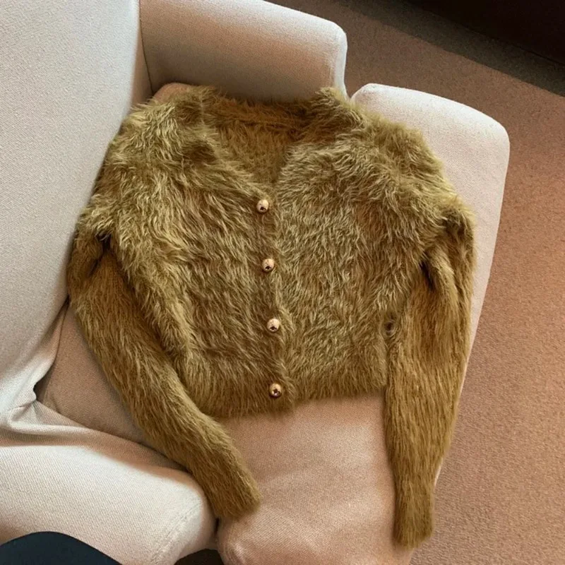 mohairknitted cardigan col en v crop blanc pull rétro décontracté paresseux surdimensionné s ueters pulls pour femmes veste de vêtements en fourrure solide mohairknitted cardigan col en v crop blanc pull rétro décontracté paresseux surdimensionné s ueters pulls pour femmes veste de vêtements en fourrure solide