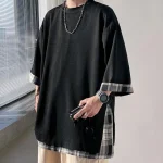 T-shirts d’été pour hommes, Style coréen, ample, faux deux pièces, mi-long, grande taille, manches trois quarts, Streetwear, haut d’extérieur T-shirts d’été pour hommes, Style coréen, ample, faux deux pièces, mi-long, grande taille, manches trois quarts, Streetwear, haut d’extérieur