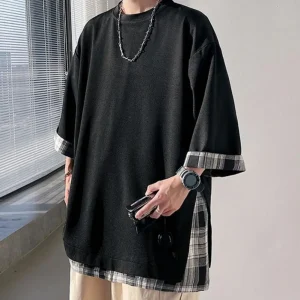 T-shirts d’été pour hommes, Style coréen, ample, faux deux pièces, mi-long, grande taille, manches trois quarts, Streetwear, haut d’extérieur T-shirts d’été pour hommes, Style coréen, ample, faux deux pièces, mi-long, grande taille, manches trois quarts, Streetwear, haut d’extérieur