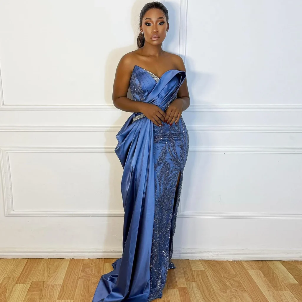 Aso Ebi-Robe de Soirée Africaine en Satin à Volants pour Femme, Tenue de Soirée Élégante en Dentelle, Grande Taille, Disponible en Noir et Bleu, pour Anniversaire Aso Ebi-Robe de Soirée Africaine en Satin à Volants pour Femme, Tenue de Soirée Élégante en Dentelle, Grande Taille, Disponible en Noir et Bleu, pour Anniversaire