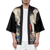 kimono japonais noir pour homme, cardigan imprimé, été, plage, protection solaire, chemise rétro mihaori