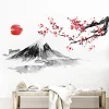 peinture à l'encre japonaise mont fuji soleil rouge fleur de cerisier autocollants muraux pour pvc imperméable salon décoration de la maison