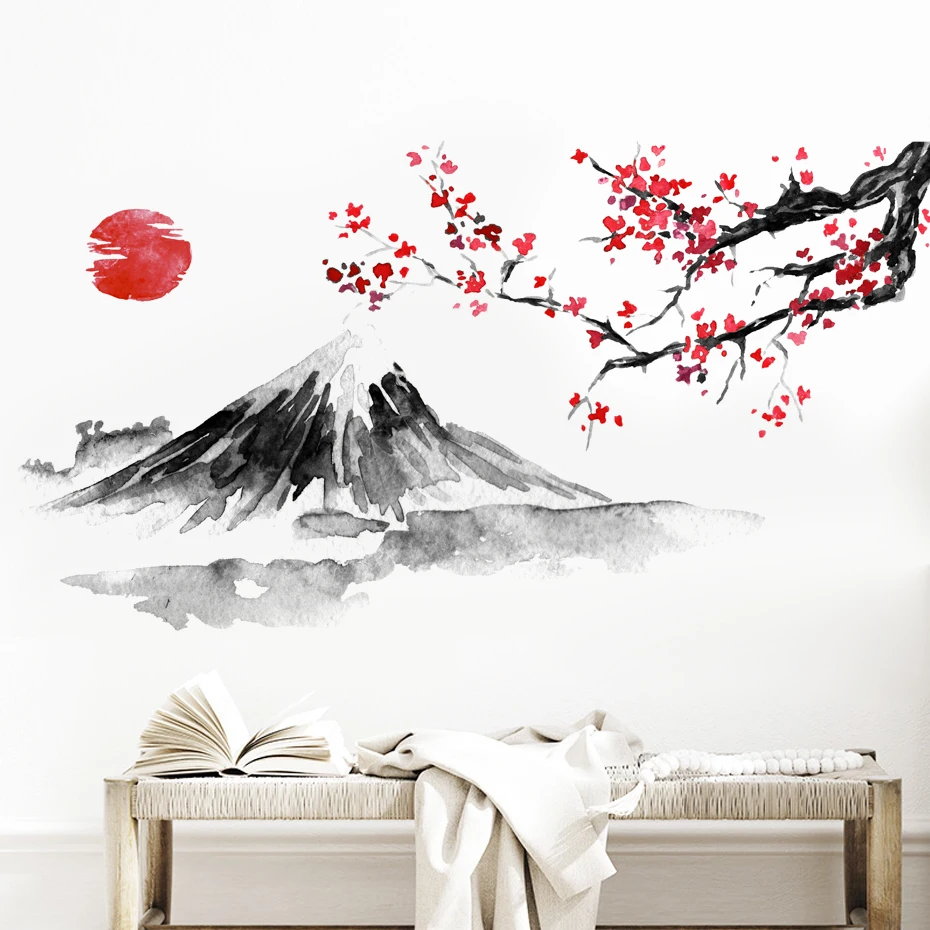 peinture à l'encre japonaise mont fuji soleil rouge fleur de cerisier autocollants muraux pour pvc imperméable salon décoration de la maison peinture à l'encre japonaise mont fuji soleil rouge fleur de cerisier autocollants muraux pour pvc imperméable salon décoration de la maison