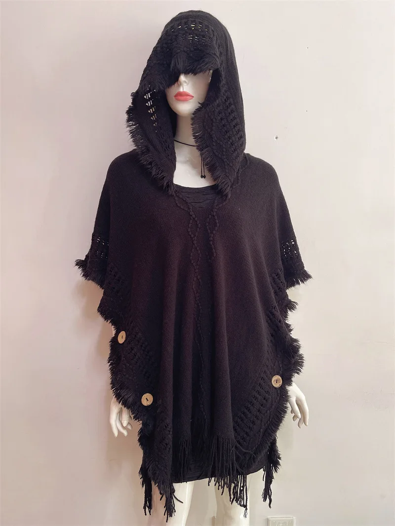 cape poncho à capuche en crochet, châle boho chic à franges pour femmes, vêtements d'extérieur polyvalents printemps automne cape poncho à capuche en crochet, châle boho chic à franges pour femmes, vêtements d'extérieur polyvalents printemps automne