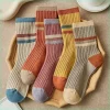 5 paires de chaussettes imprimées rayées pour femmes, confortables, douces, mi-tube, hiver, Harajuku, chaussettes décontractées amusantes, bas pour femmes, bonneterie