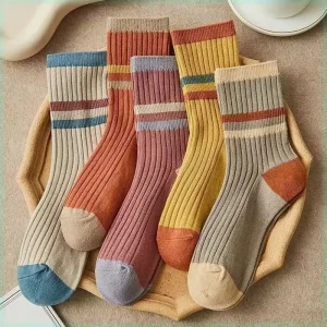5 paires de chaussettes imprimées rayées pour femmes, confortables, douces, mi-tube, hiver, Harajuku, chaussettes décontractées amusantes, bas pour femmes, bonneterie