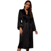 femmes robe noir imprimé léopard kimono peignoir robe avec ceinture sexy col en v chemise de nuit vêtements de nuit en vrac soie satin robe de maison
