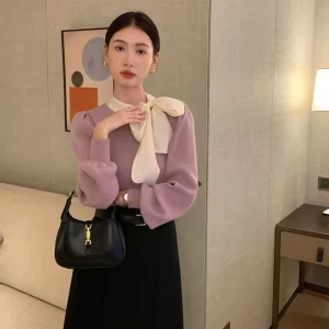Pull violet à col rond pour femme, haut en tricot, noir, nouvelle Collection économique, luxe coréen, manches longues, 2025