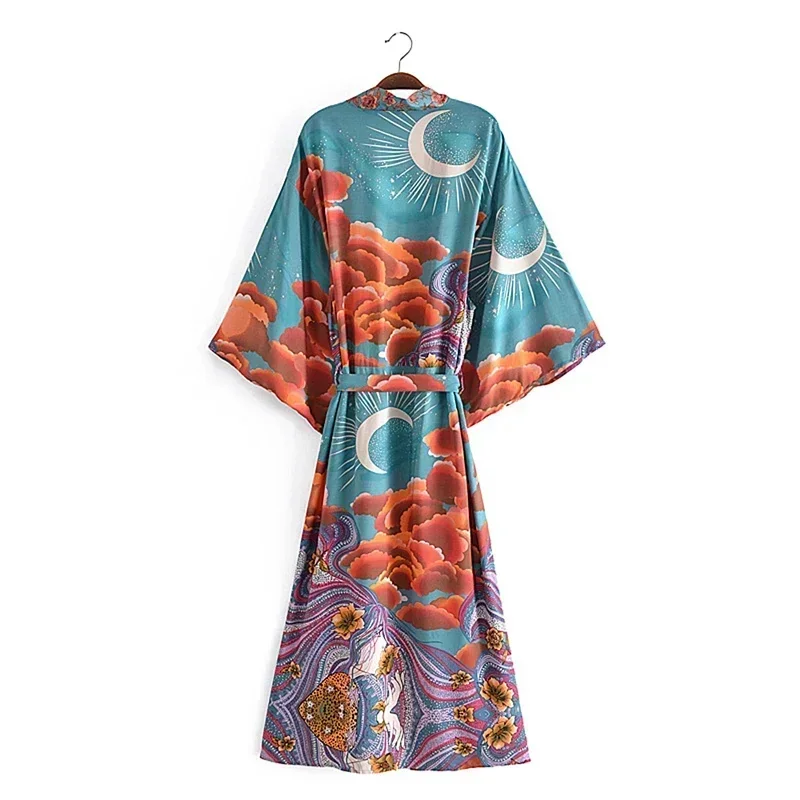 robe kimono à manches chauve souris et col en v pour femme, tenue de plage, style bohème, imprimé floral, Étoile, pour dîner, Été robe kimono à manches chauve souris et col en v pour femme, tenue de plage, style bohème, imprimé floral, Étoile, pour dîner, Été