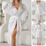 Femmes Robe longue élégante Kimono peignoir mariée cadeau de mariage Robe dentelle Patchwork chemise de nuit dame ample Homewear Lingerie intime
