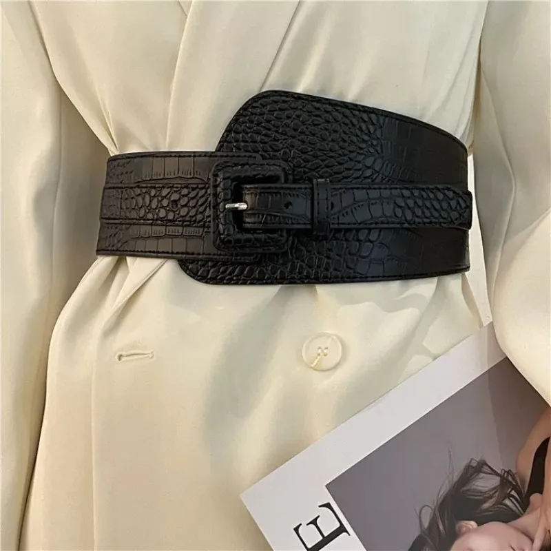 ceinture ultra large rétro polyvalente pour femmes, en cuir pu, style japonais, à la mode, avec boutons à aiguilles ceinture ultra large rétro polyvalente pour femmes, en cuir pu, style japonais, à la mode, avec boutons à aiguilles