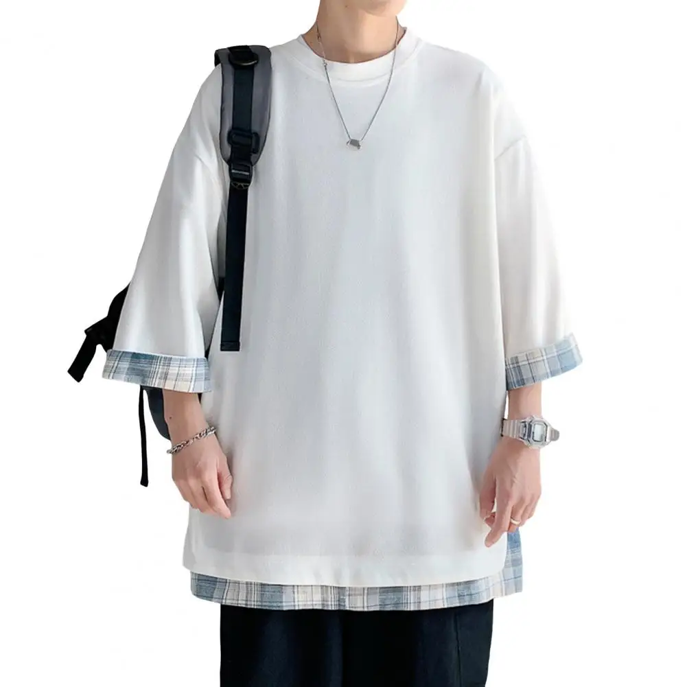 t shirts d'été pour hommes, style coréen, ample, faux deux pièces, mi long, grande taille, manches trois quarts, streetwear, haut d'extérieur t shirts d'été pour hommes, style coréen, ample, faux deux pièces, mi long, grande taille, manches trois quarts, streetwear, haut d'extérieur