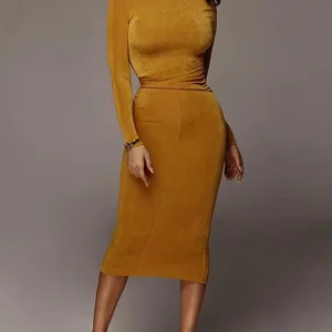 Bangniweigou-Robe mi-longue froncée à taille ronde pour femme, manches longues, robe de soirée moulante, robe fourreau élégante, automne