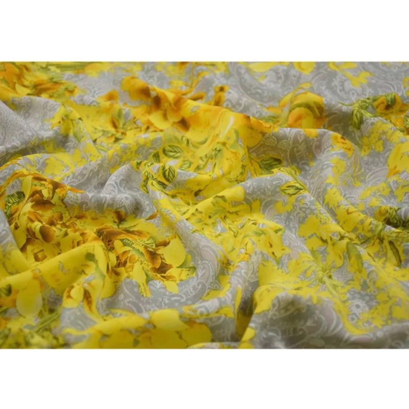 tissu en mousseline de soie pour robe, tissu cheongsam han, élégant imprimé de grandes fleurs jaunes, de haute qualité, mince, doux, pas transparent, t2054 tissu en mousseline de soie pour robe, tissu cheongsam han, élégant imprimé de grandes fleurs jaunes, de haute qualité, mince, doux, pas transparent, t2054