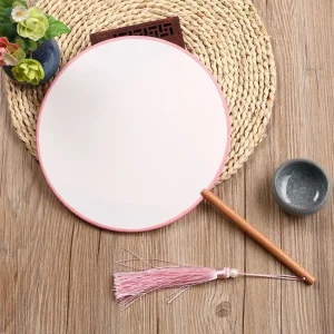 Éventail rond Vintage vierge brodé en bois et soie inachevé avec pompon, éventail de danse de Style chinois, décoration de la maison