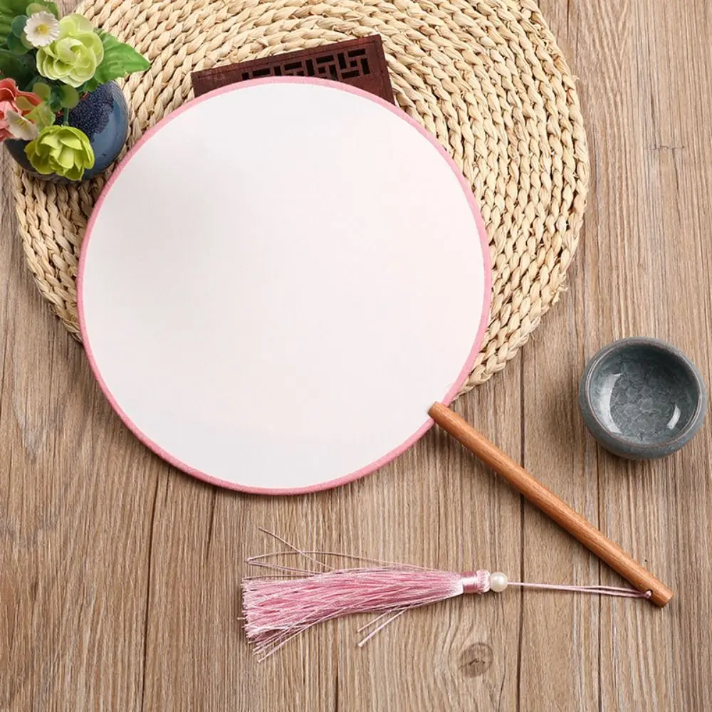 Éventail rond Vintage vierge brodé en bois et soie inachevé avec pompon, éventail de danse de Style chinois, décoration de la maison