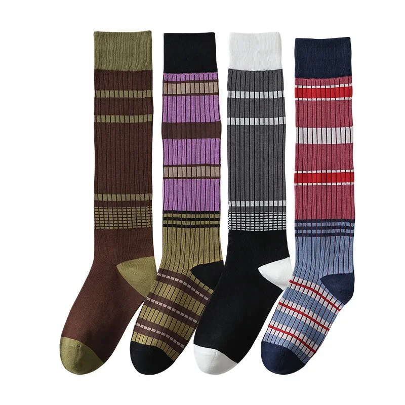 bas japonais vintage rayés pour femmes, chaussettes longues pour filles, automne et hiver, avec du coton bas japonais vintage rayés pour femmes, chaussettes longues pour filles, automne et hiver, avec du coton