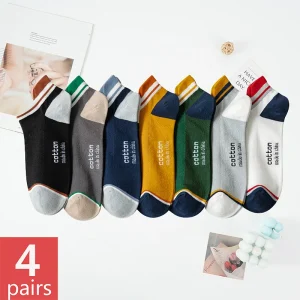 4 paires de chaussettes de cheville pour hommes de haute qualité, en coton respirant, bas, court, décontracté, rayures, Anti-usure, mode quatre saisons, rue, grande taille